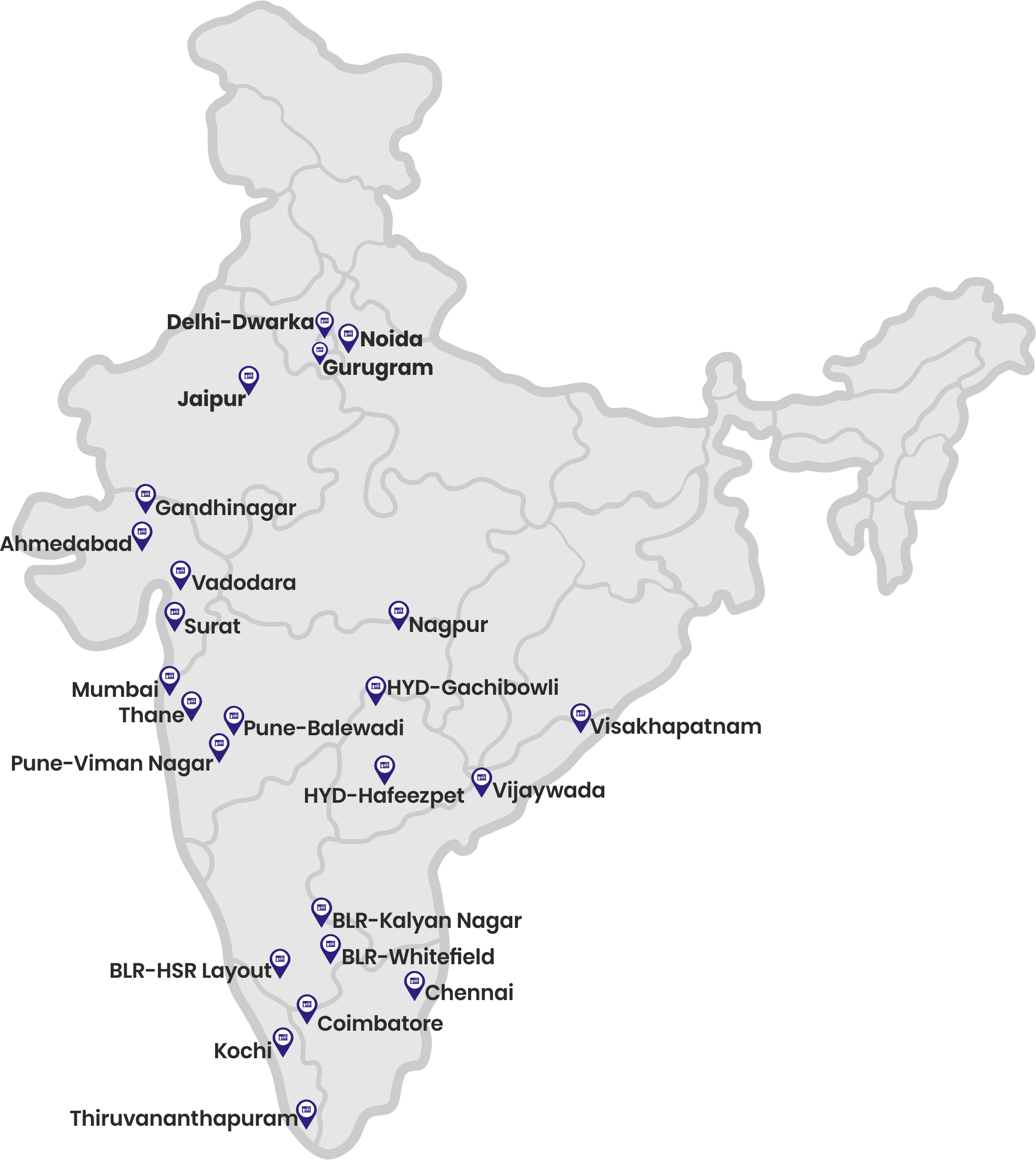 Map showing Frootle Experience Store locations across India